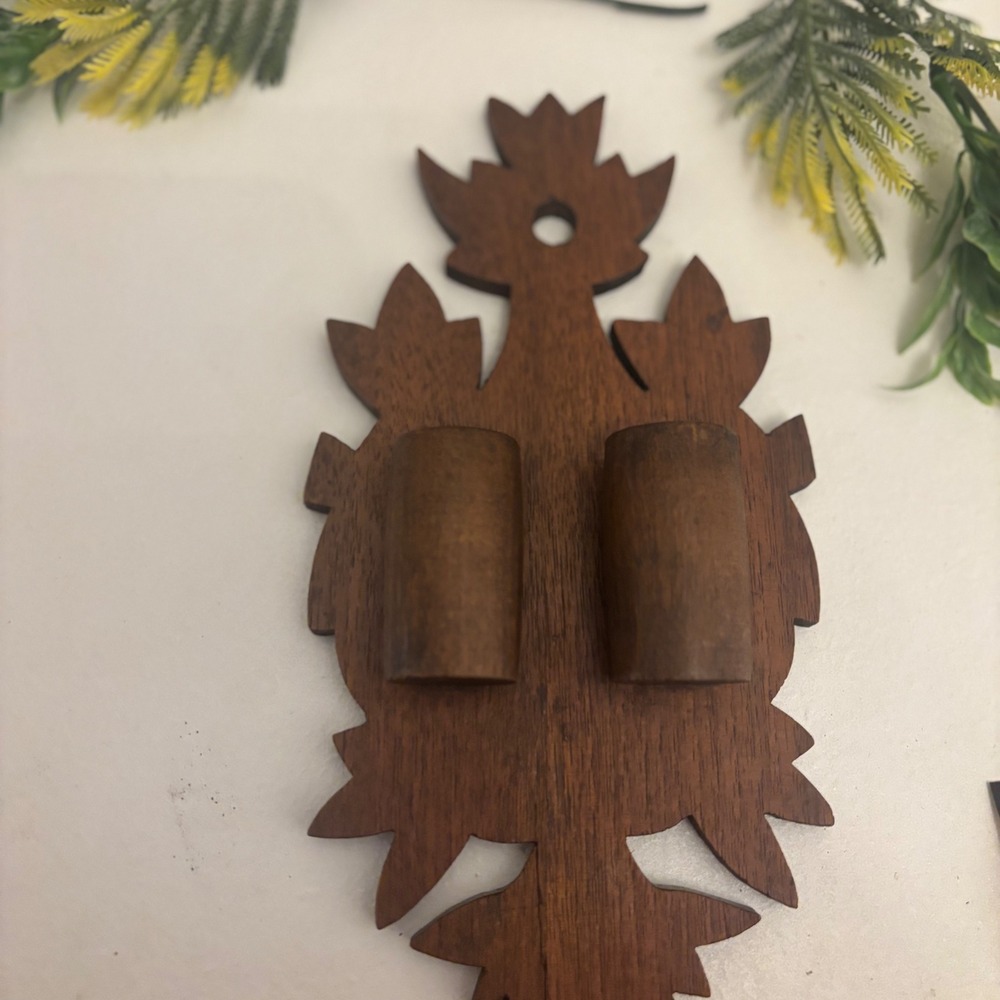 Vintage Carved Wooden Wall Double Candle Holder Rustic Leaf BOHO propagation